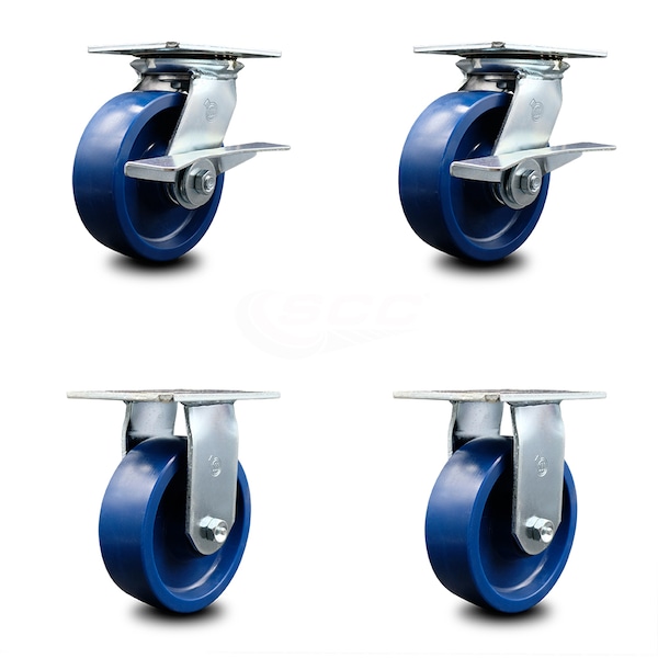 6 Inch Solid Poly Caster Set with Ball Bearing 2 Brakes and 2 Rigid SCC